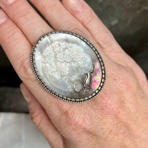 JMC Sterling Silver Rare Cameo Native American Carved Abalone Art Nouveau Ring